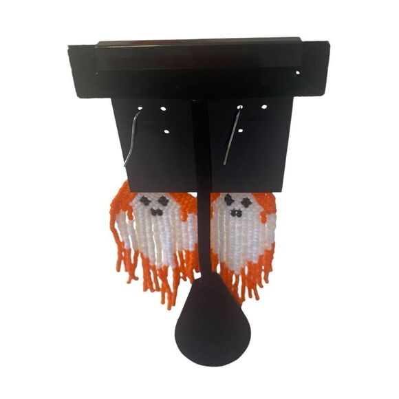 Adorable Seed Bead Ghost Drop Earrings in Orange & White. - Picture 4 of 5